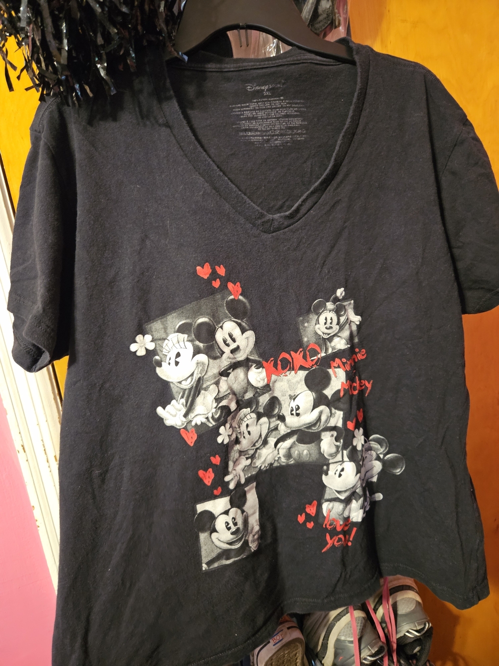 Disney Black V-Neck Tee with Mickey & Minnie Heart Graphics